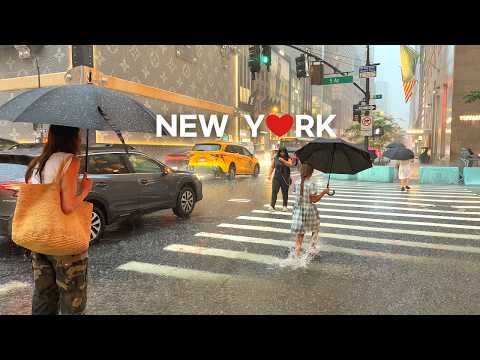 🇺🇸 NYC Heavy Rain Walk 4K ☔ Thunderstorm & Flash Flooding | Rainstorm Sounds