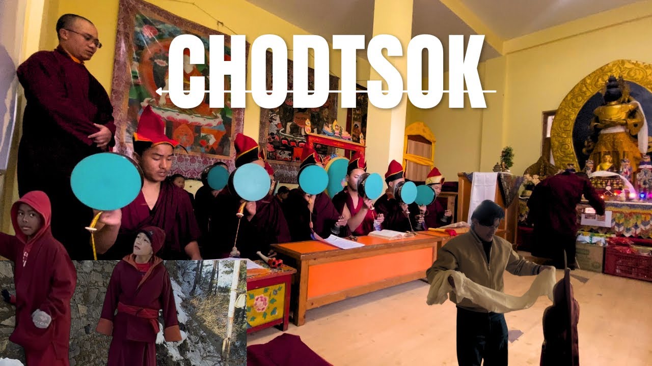 Little monks playing with snow and Chodtsok chanting in Shimla Jonang monastery 