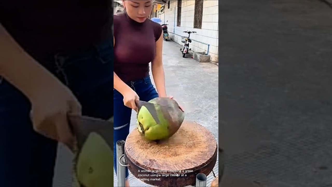 Green coconut using a large cleaver at a bustling market