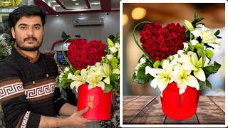 Flower Box Arranged By Red Baby Rose & Lilium | Flower Box Bouquet | Love Shape Bouquet | Flower Box