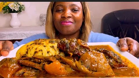 Asmr mukbang ogbono soup mixed with vegetable and Fufu