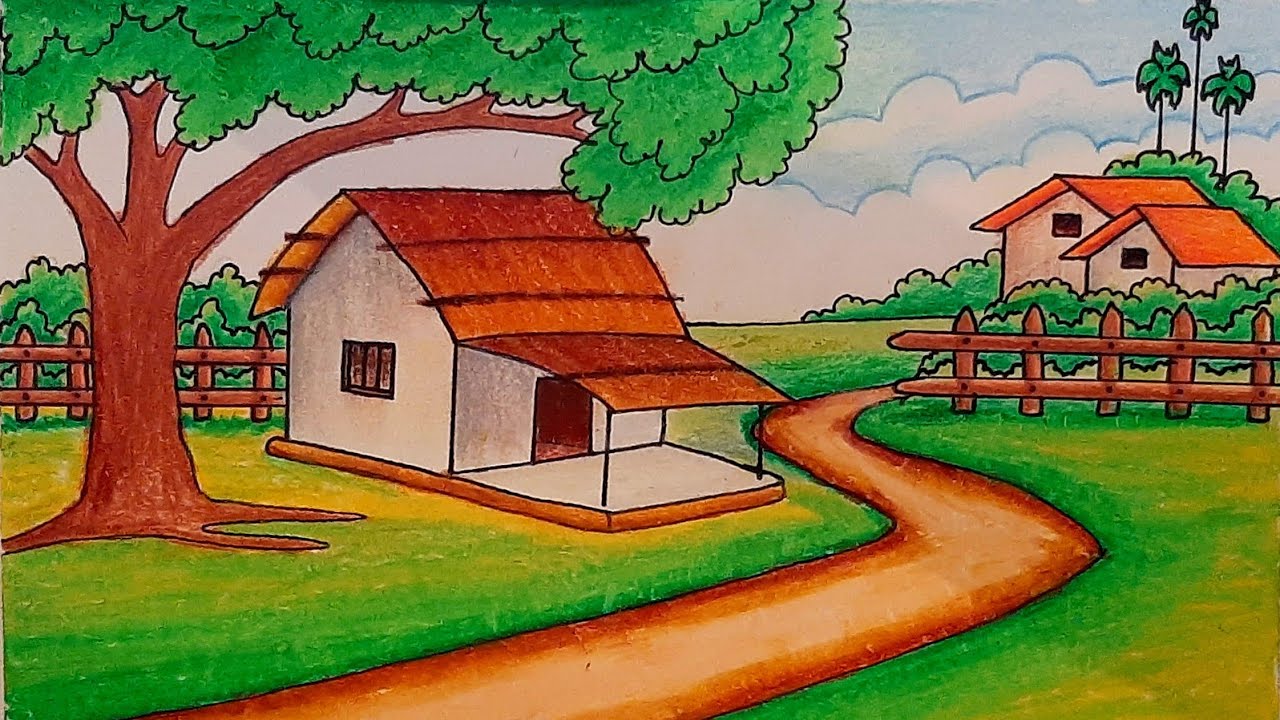 How to draw easy scenery drawing with beautiful landscape village