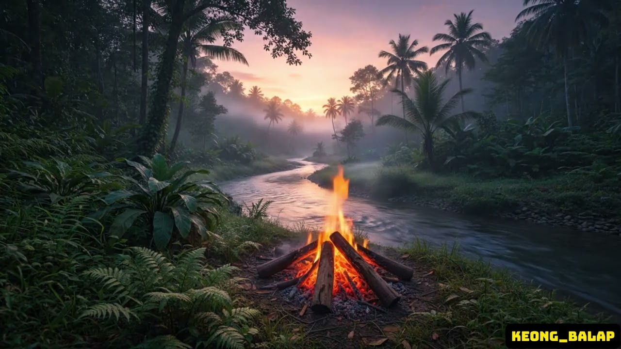 Peaceful Campfire by the River 🌿 Relaxing Nature Sounds | Cinematic Jungle Sunset