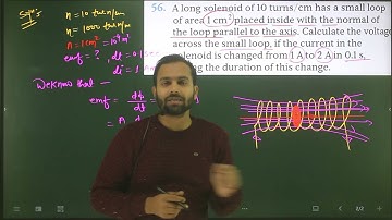 Q-56 EMI From all in one : A long solenoid of 10 turns/cm has a small loop of area 1cm^2 placed ins