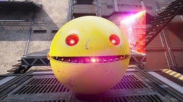 Epic Robot Battle: Pacman Faces Spiky, Lava Monster, and Robot Cat in a High-Tech Labyrinth