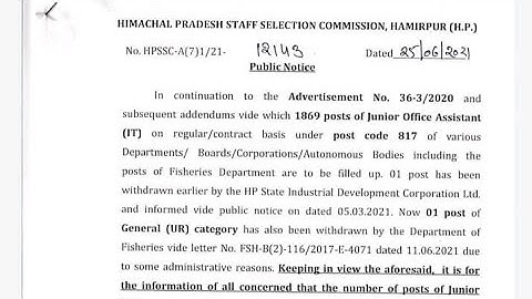 HPSSC Latest Notification | HP JOA Exam Post Code 817 Big Update