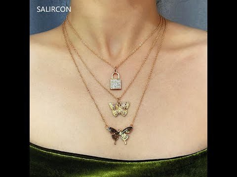 Женское ожерелье чокер Salircon- разнослойное в стиле бохо с подвеской виде бабочки- стразы