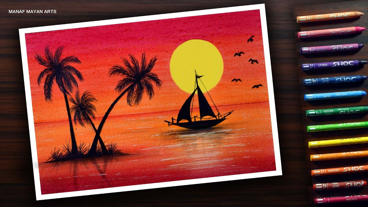 How To Draw Sunrise, Dolphins With Oil Pastel, Sunrise Scenery Drawing  |Magical Crayons | oil pastel, paper, dolphin, wax crayon | Hello Everyone,  In this video I show you how to draw