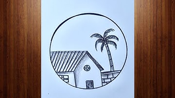 Simple House and Palm Tree Drawing Inside a Circle – Easy Pencil Art 