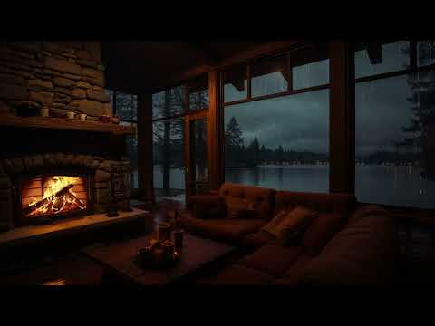 Cozy Cabin by the Water During Heavy Rain 🔥 Relaxing Ambience for Stress Relief