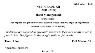 NEB Class 12 Hotel Management 2080/2081 Questions Paper for upcoming exam 2083/2026 