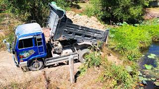 Download Lagu Dump truck unload soil in the deep pond with dozer push forest and soil into water MP3