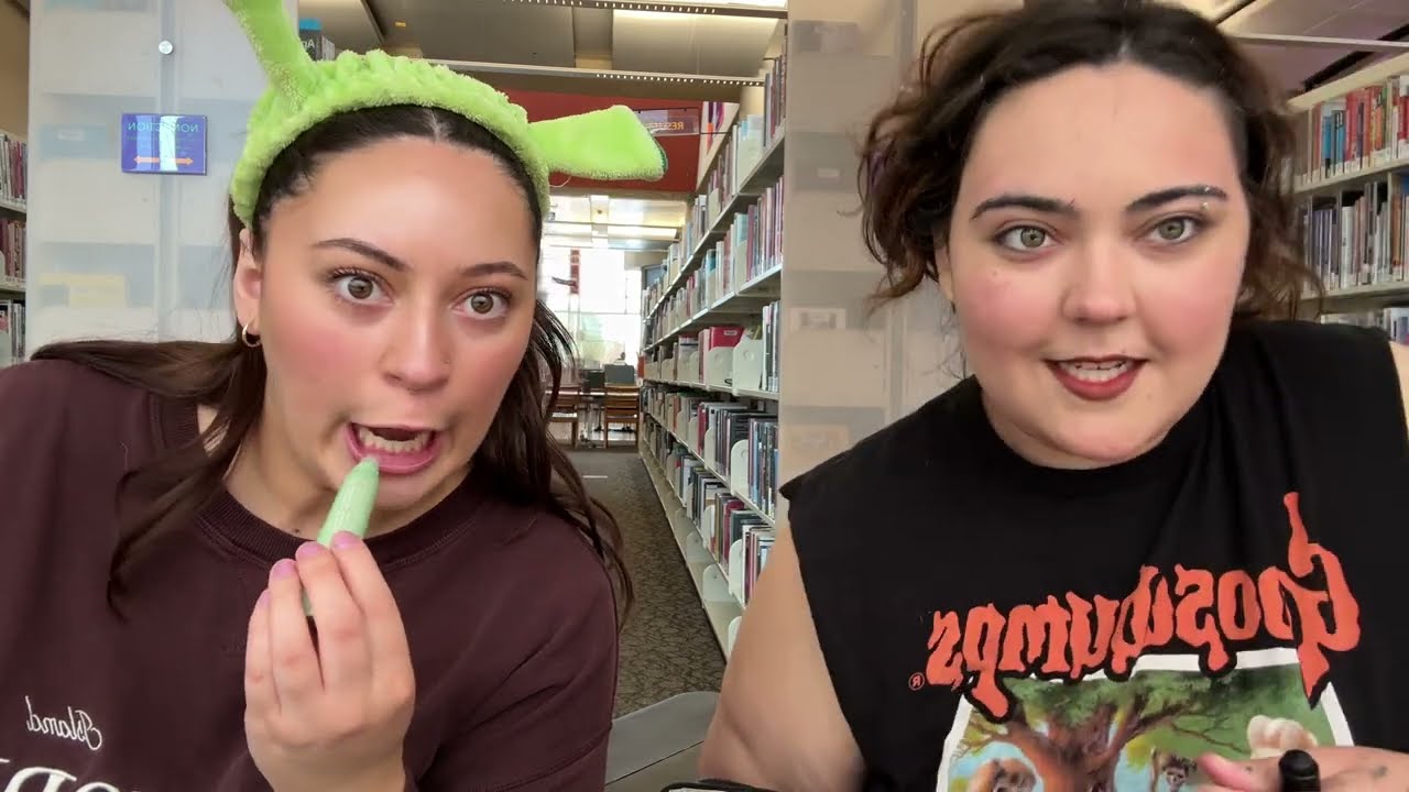 Doing our makeup in a public library