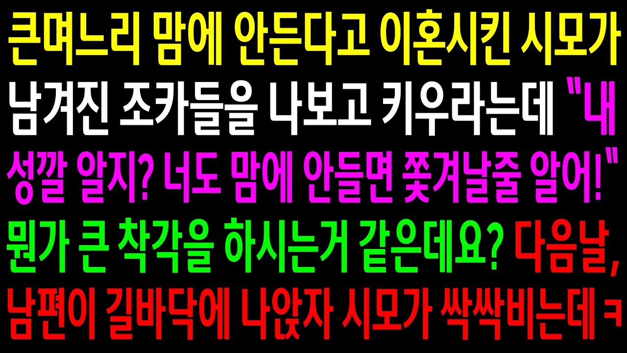 (반전사연)큰며느리 맘에 안든다고 이혼시킨 시모가 남겨진 조카들을 나보고 키우라는데..다음날 남편이 길바닥에 나앉자 시모가 싹싹비는데ㅋ[신청사연][사이다썰][사연라디오]