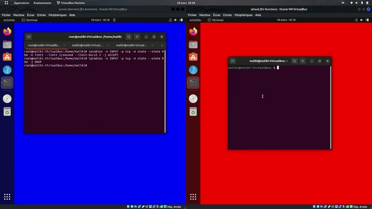 Ddos in virtual box in python + firewall protection with iptable (RED TEAM VS BLUE TEAM)