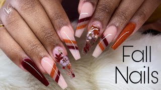 Watch Me Work: Client Fall Nails | Acrylic Color Blocking | Encapsulated Leaf Nail art