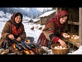 زندگی روستایی ایرانی و آشپزی کنار آتش در یک روز سرد و برفی 