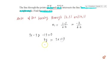 The line through the points (h, 3) and (4, 1) intersects the line `7x-9y-19=0` at right angle. F...