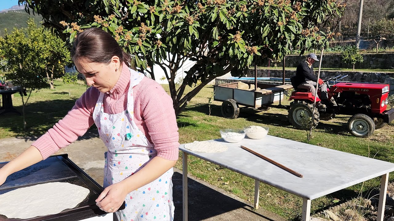 Byrek me sheqer/ Byrek me qumesht / One of the thinnest bread baked in the village, Traditional Pie