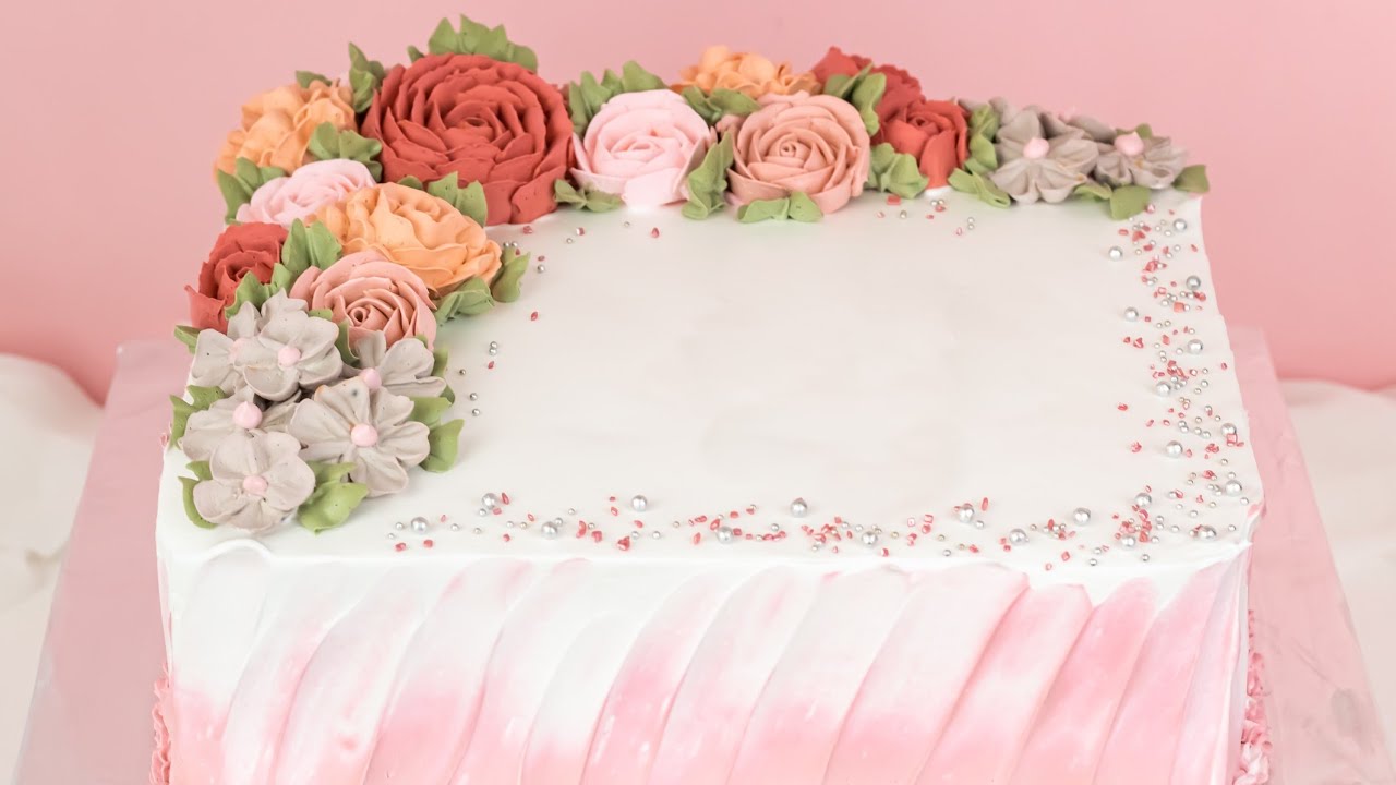 Whipped Cream Square Floral Cake Tutorial - YouTube