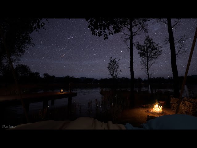 Camping Ambience On A Quiet Night With A Comet Falling | Crackling Fire, Crickets, Water Sounds class=