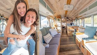 Couple's Gorgeous School Bus Conversion Tiny House Tour  Full Time Travel