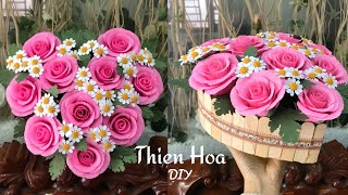 Cách làm hoa hồng bằng giấy nhún và cách cắm hoa- Thien Hoa DIY