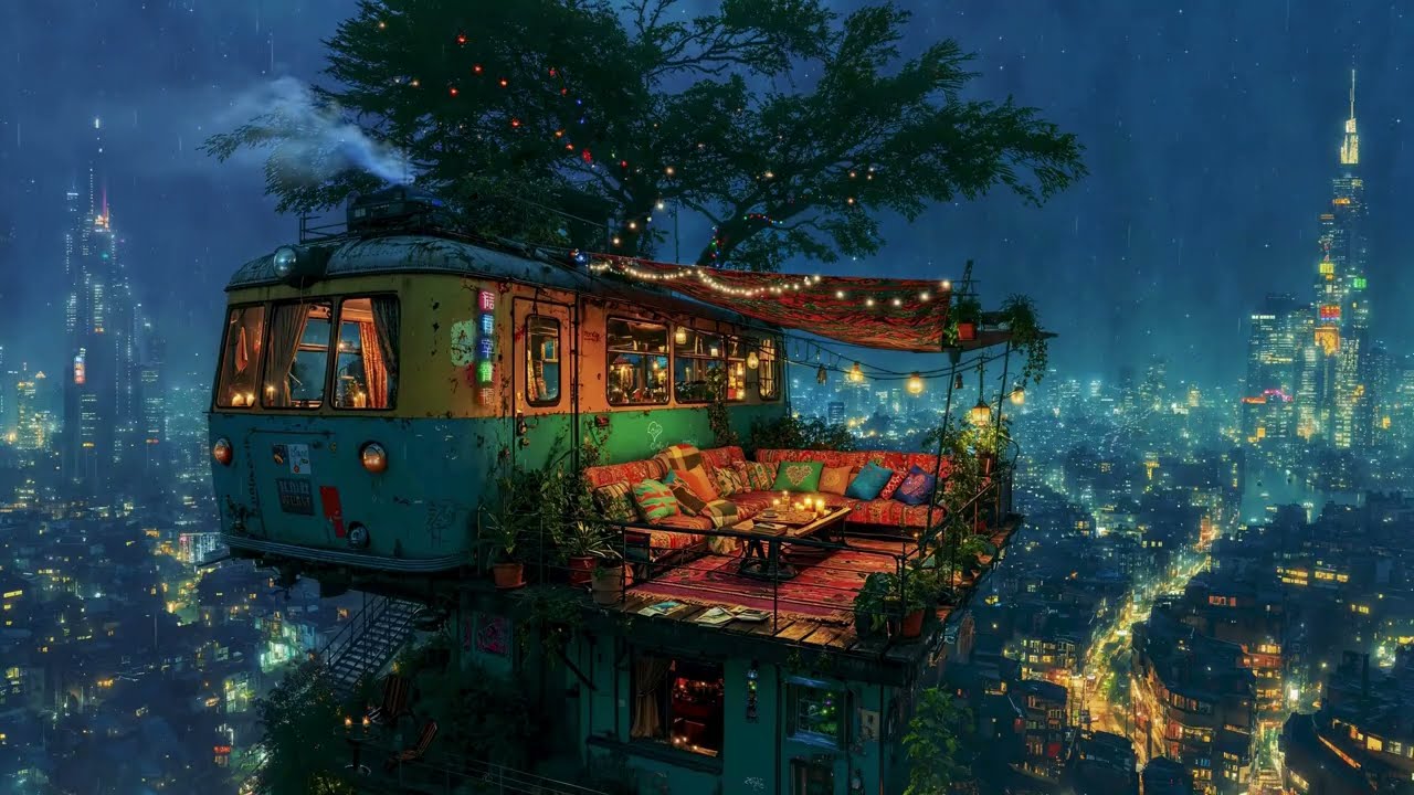 Rain on a Sky Camper 🌧️ Cozy Cyberpunk City Night Ambience (No Music) 1 Hr Loop
