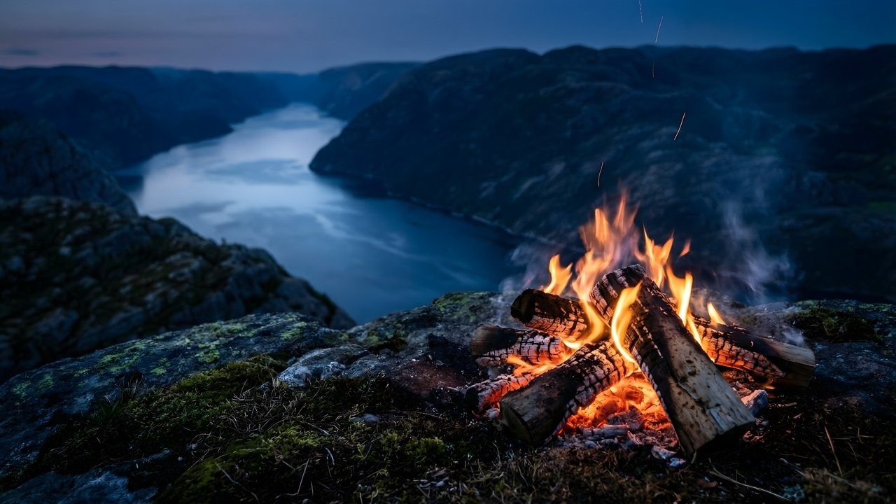 10 HOURS Campfire on a Cliff Over the Fjord 🔥🌌 Deep Sleep Fire Sounds