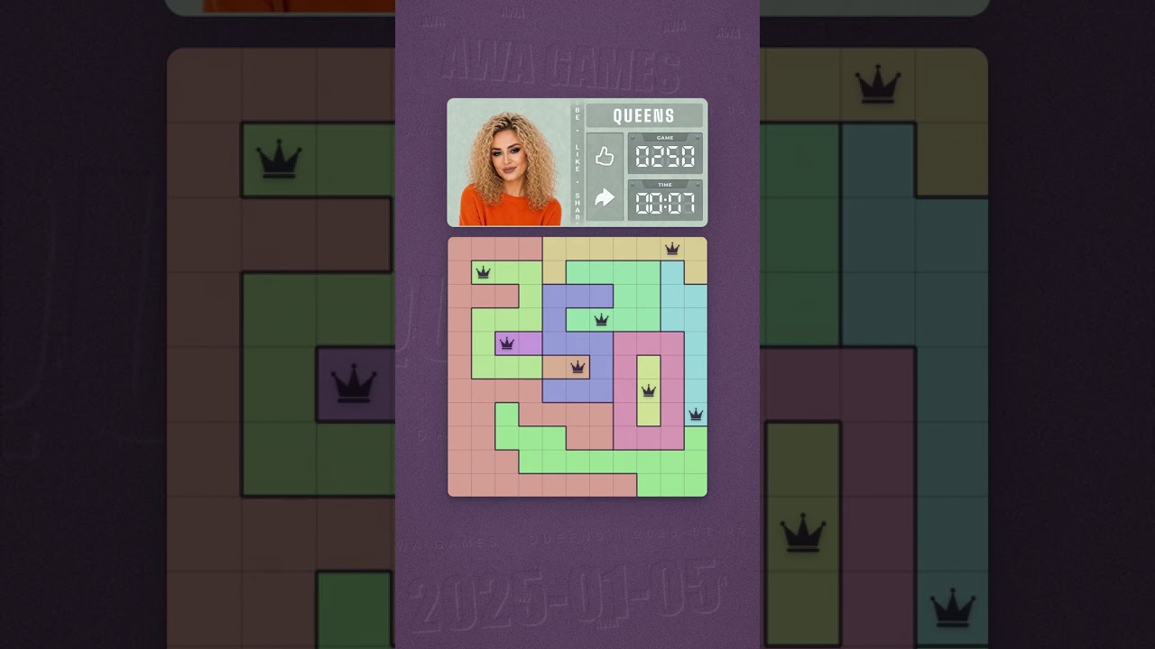 LinkedIn Queens #250 solved board for January 5, 2025, 11x11 grid
