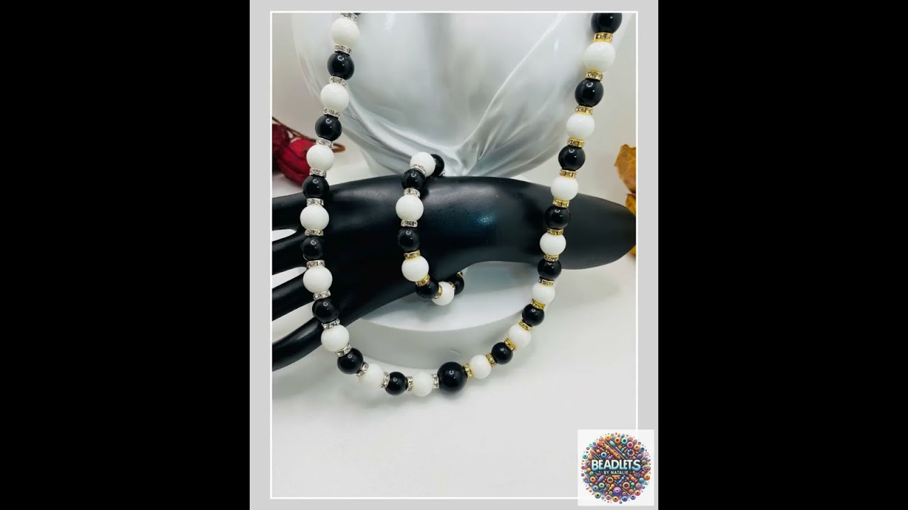 Handmade Onyx Necklace and Bracelet Set: Black and White Gemstone Jewelry