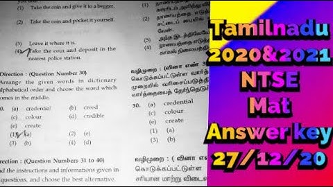 TamilNadu 2020 2021 NTSE Exam mat Answer key 27/12/20 National talent search exam Answer key