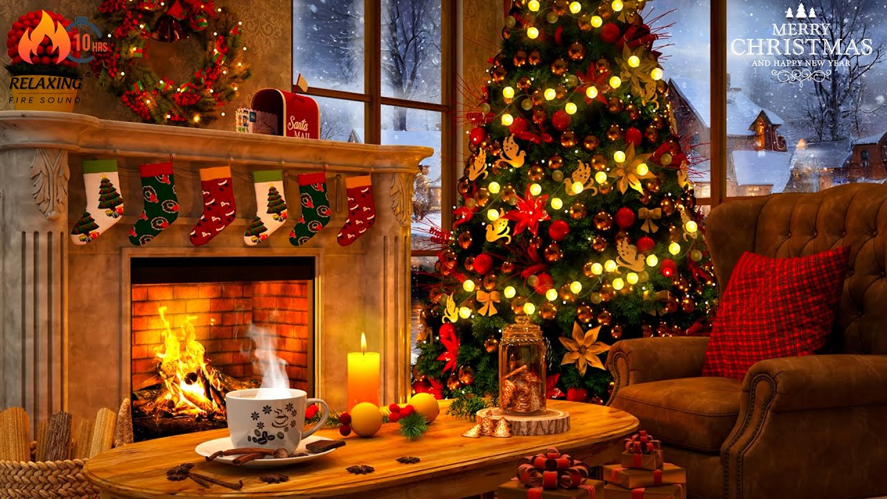 Beautiful Christmas Ambience 🎅🎄 Christmas Fireplace with Instrumental ...