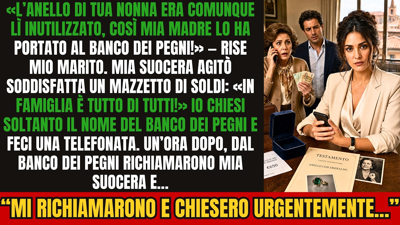 Mia suocera rideva mentre agitava in aria i soldi del banco dei pegni. "Tanto quell'anello non ti serviva", disse, senza sapere che la paura mi aveva già gelato il sangue. Era l'anello che mia...