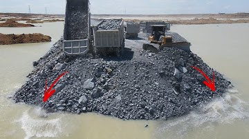 Updating!! Showing Techniques Operator Building Road on Water by Skill Bulldozer & Truck Push Stone