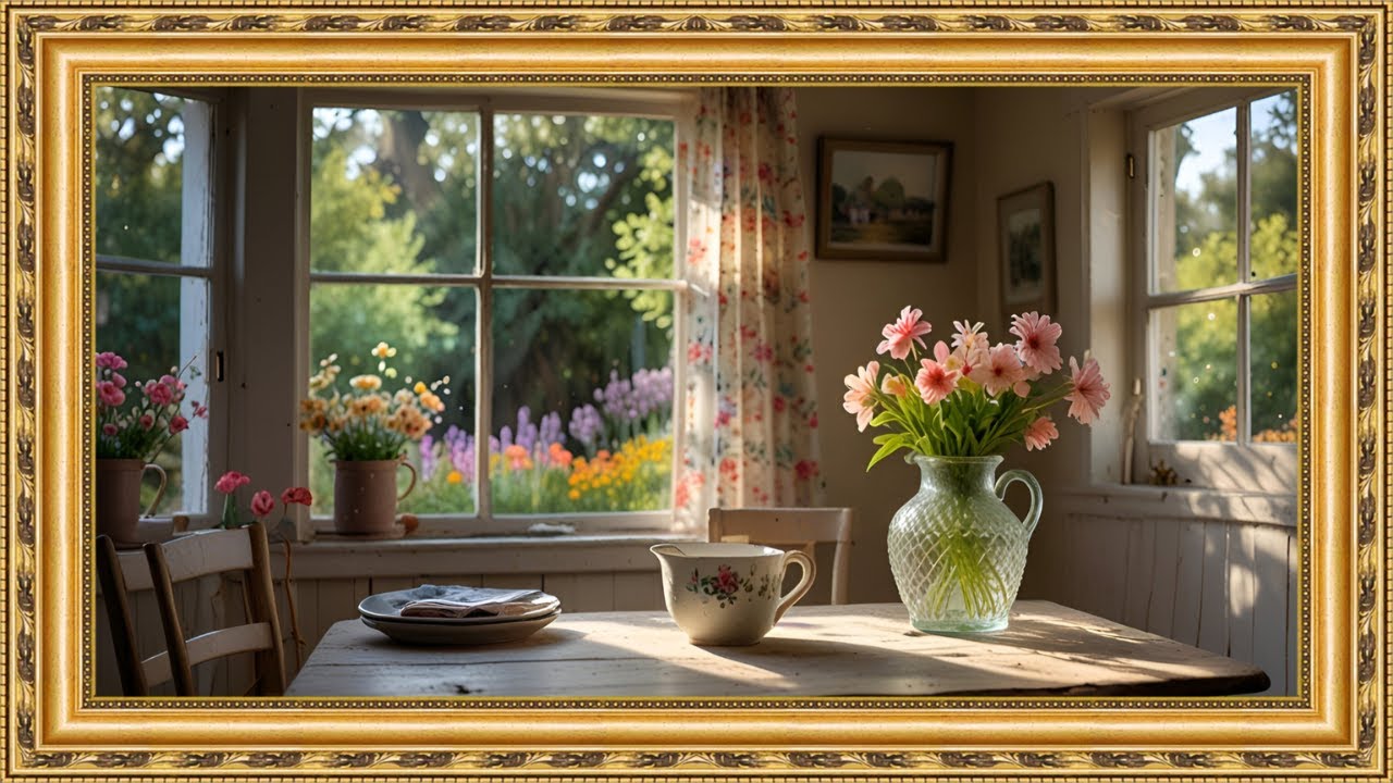 Cozy Cottage Kitchen Ambience 🌿☕ | Sunlit Flowers & Vintage Framed TV Art