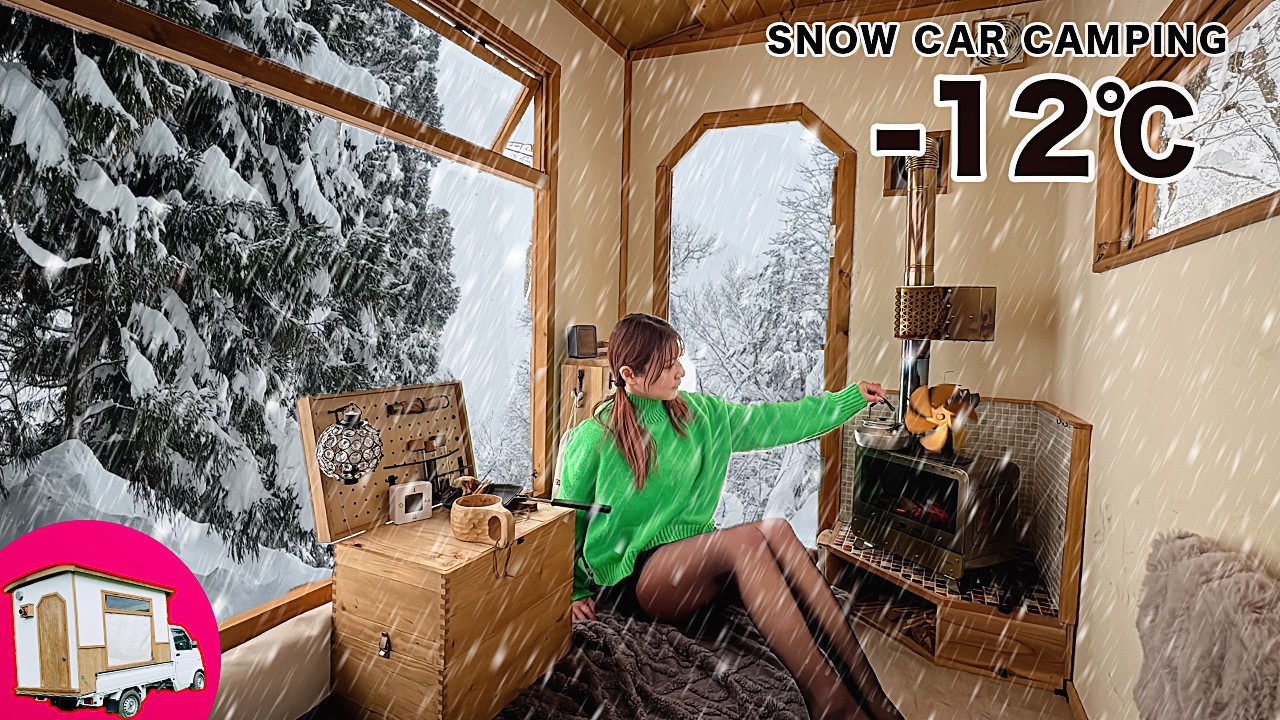 Сильный снегопад при температуре -12℃. Провести день в пикапе с проектором и дровяной печью