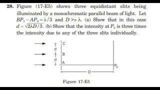Figure (17-E5) shows three equidistant slits being illuminated by a monochromatic parallel beam of