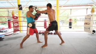 Jab-Long elbow-right mid kick