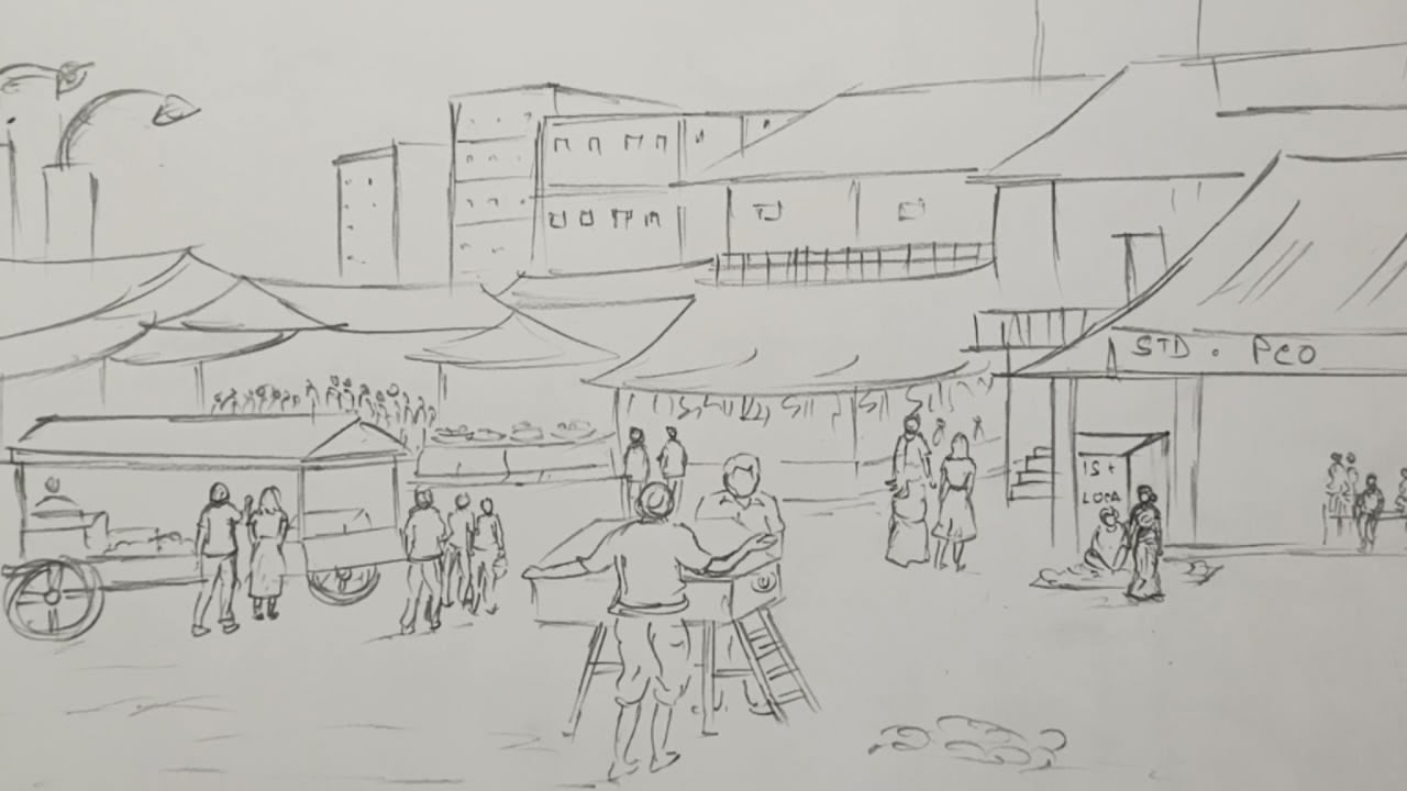 Campbell Street Market Penang unfinished  Market scene drawing easy  Scene drawing Sketches easy