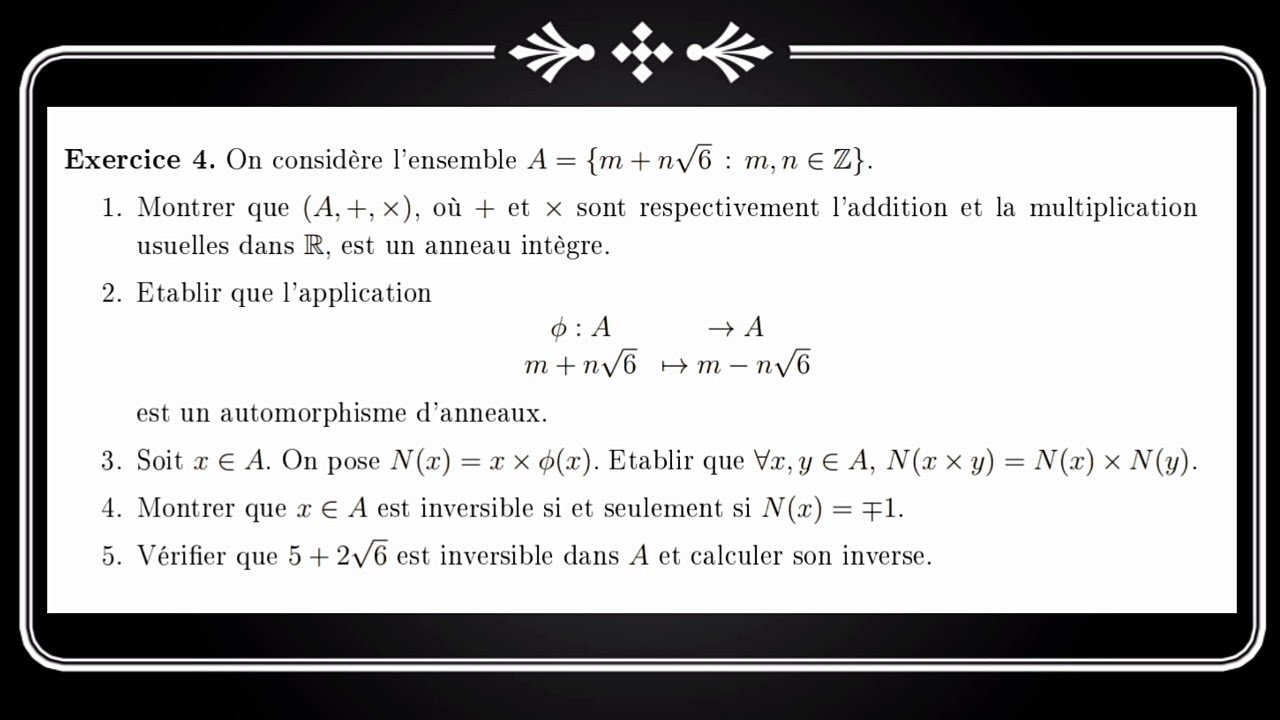 TD N° 2 Algebre 2: exercice  4/Anneau/sous anneau/ Rappel /techniques à utiliser