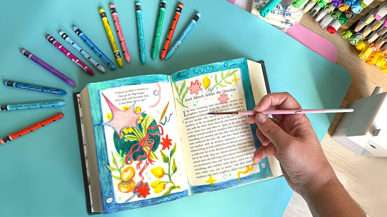 Painting inside books with Watercolor Crayons. Book Lovers might Hate this! Book - 'Little Women'
