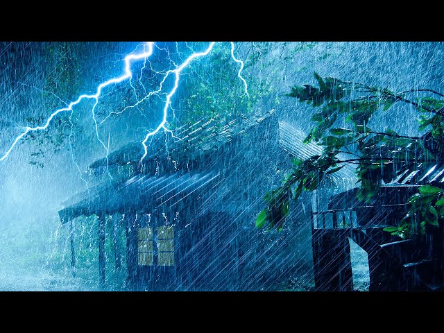 ⚡Night Rain Thunderstorm Sounds for Sleeping | Heavy Hurricane Rain, Powerful Thunder u0026 Howling Wind class=