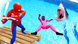 : GTA 5 Spiderman vs Squid Game Trampoline Jumping Into Pool with Sharks