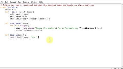 Python program to read and display the student name and marks in three subjects