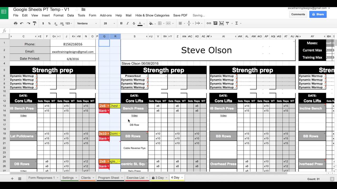 Google Sheets Workout Template