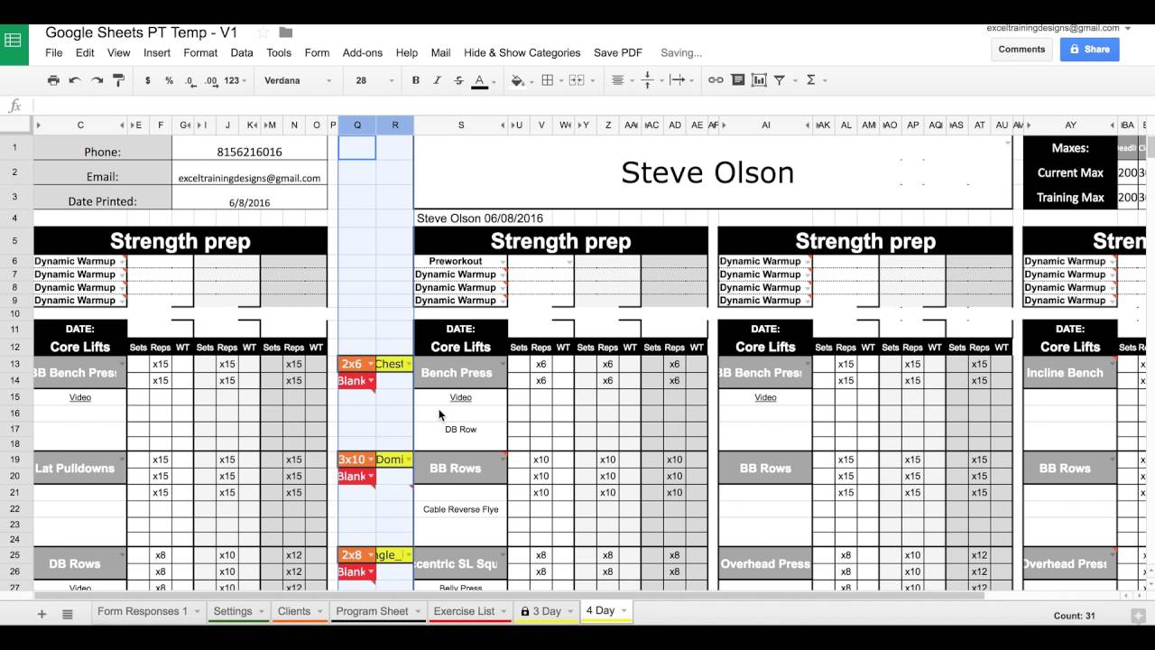 Google Sheets Personal Training Templates Exercise Dropdowns Master Template