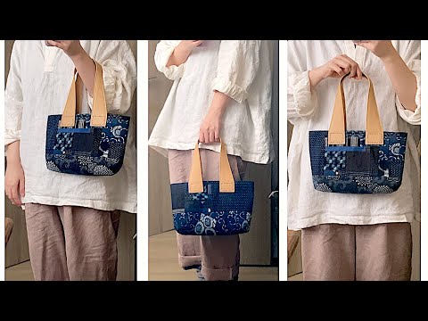 藍古布はぎれパッチワークトートバッグ作りました☺︎ 型染め