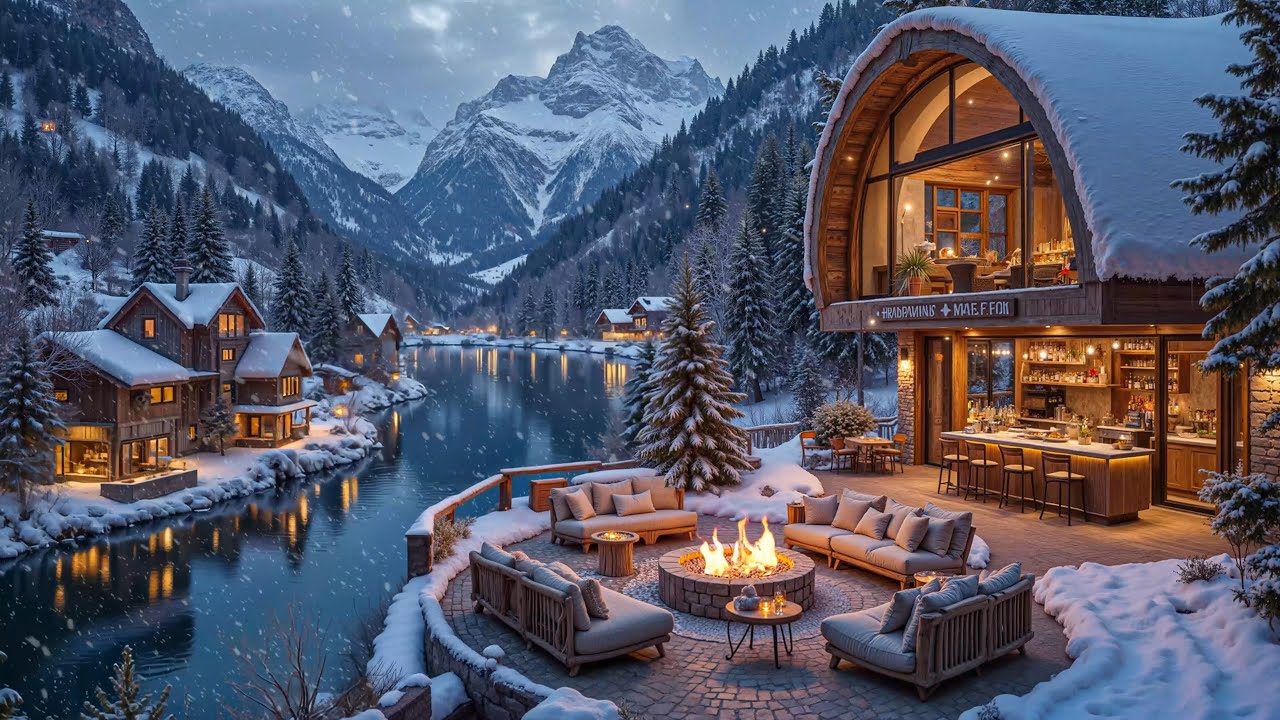 Soothing Riverside Piano Music Cabin Porch ❄️🔥 Warm Firepit, Nature Sounds & Gentle Winter Ambience