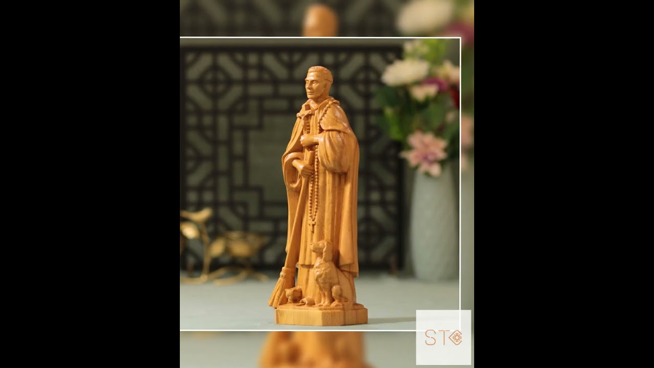 St. Martin de Porres Wooden Statue | Catholic Saint with Dog Cat Mouse Hand Carved Holy Gift Chri...